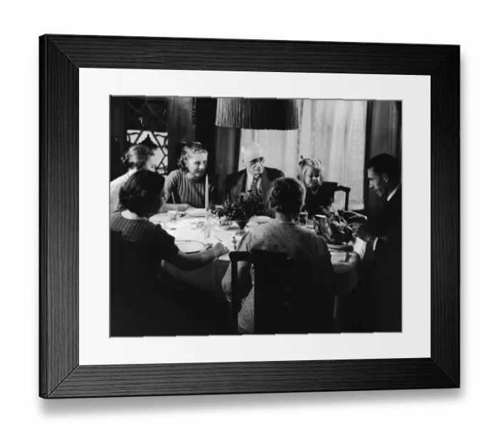 Framed Print : Father carving turkey for multi-generational family (B&W) Framed Print : Father carving turkey for multi-generational family (B&W)