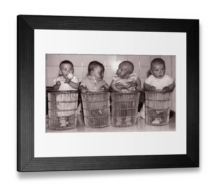 Framed Print : Four babies (6-9 months) in baskets (B&W sepia tone) Framed Print : Four babies (6-9 months) in baskets (B&W sepia tone)