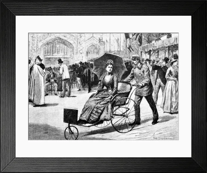 Framed Print : World exhibition Paris 1889 - Champ de Mars, man pushing a woman in a wheelchair taxi Framed Print : World exhibition Paris 1889 - Champ de Mars, man pushing a woman in a wheelchair taxi