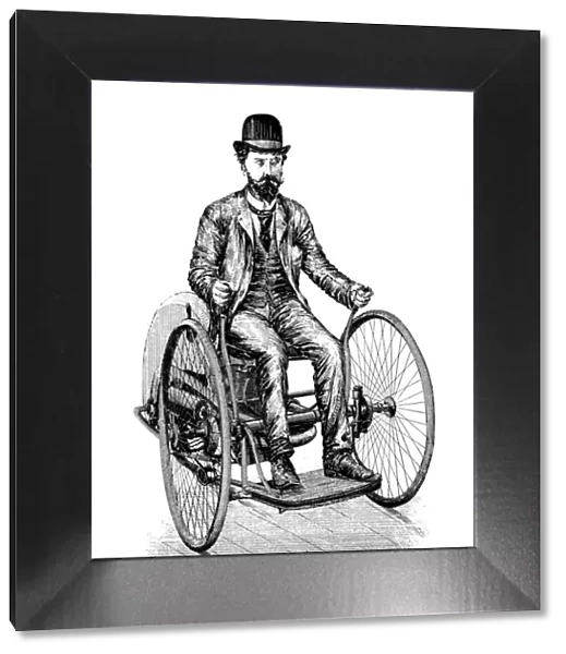Antique scientific engraving illustration: Motorized Tricycle