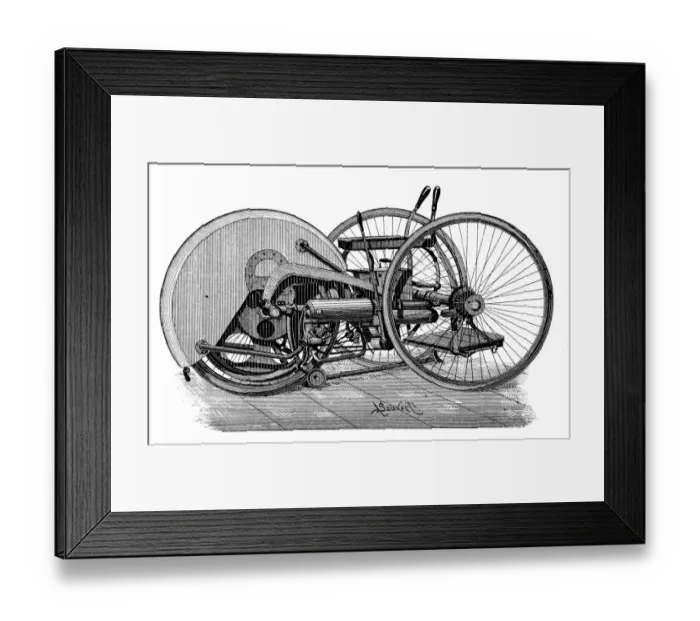 Framed Print : Antique scientific engraving illustration: Motorized Tricycle