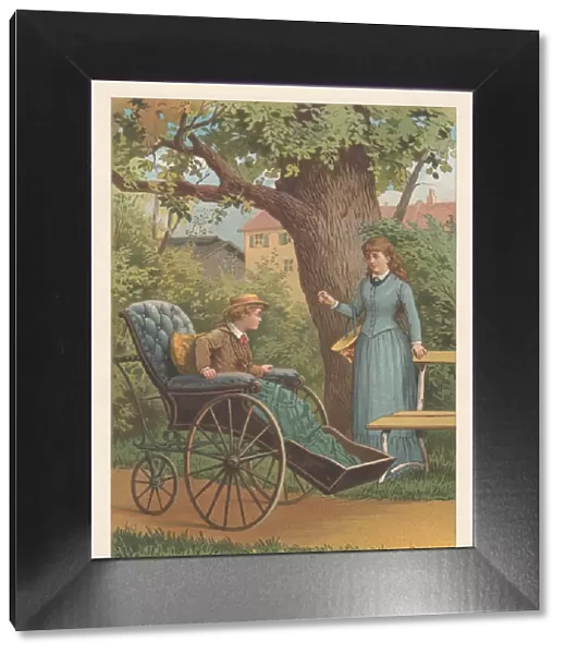 Wheelchair user and girl, lithograph, published in 1887