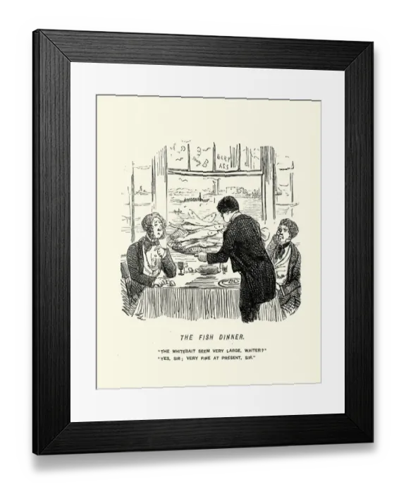Framed Print : Waiter serving to men a fish dinner, Victorian cartoon, John Leech Framed Print : Waiter serving to men a fish dinner, Victorian cartoon, John Leech