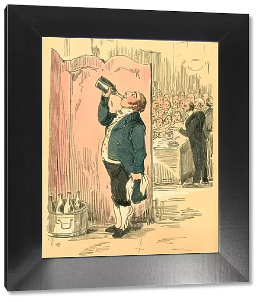 Waiter enjoying a secret drink at a Victorian party