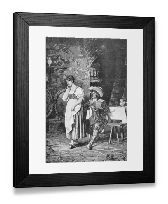 Framed Print : Irresistible power of love: a young man in a wine restaurant flirts with the waitress Framed Print : Irresistible power of love: a young man in a wine restaurant flirts with the waitress