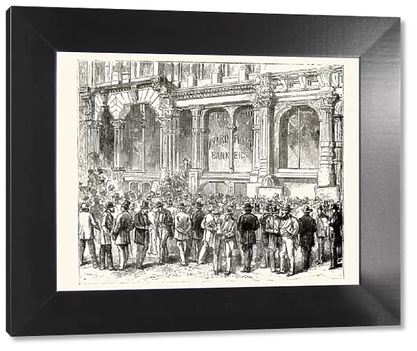 Stock gambling outside a bank in San Francisco, 19th Century