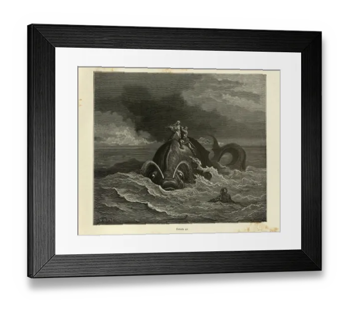 Framed Print : Heroes riding of back of Sea monster, or whale Framed Print : Heroes riding of back of Sea monster, or whale