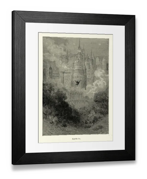 Framed Print : Knight flying towards mythical city on a hippogriff, Medieval fantasy Framed Print : Knight flying towards mythical city on a hippogriff, Medieval fantasy