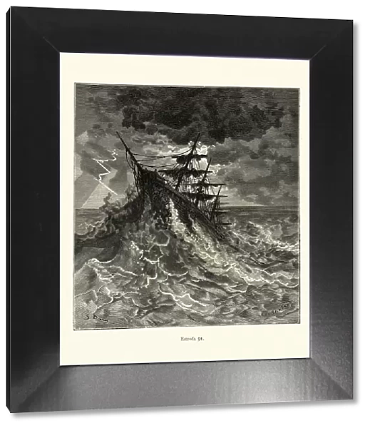 Sailing ship riding giant waves in a storm