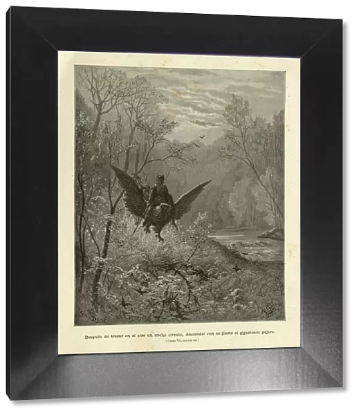Warrior flying on a giant eagle. Orlando Furioso. Fantasy Art