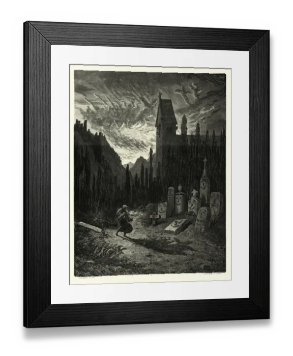 Framed Print : Legend of The Wandering Jew, illustrated by Gustave Dore. Walking in church cemetery, Visions in the sky Framed Print : Legend of The Wandering Jew, illustrated by Gustave Dore. Walking in church cemetery, Visions in the sky