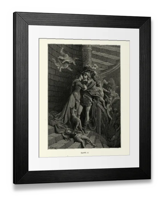 Framed Print : Lovers secret rendezvous on spiral staircase, desire, cupid, Medieval romance