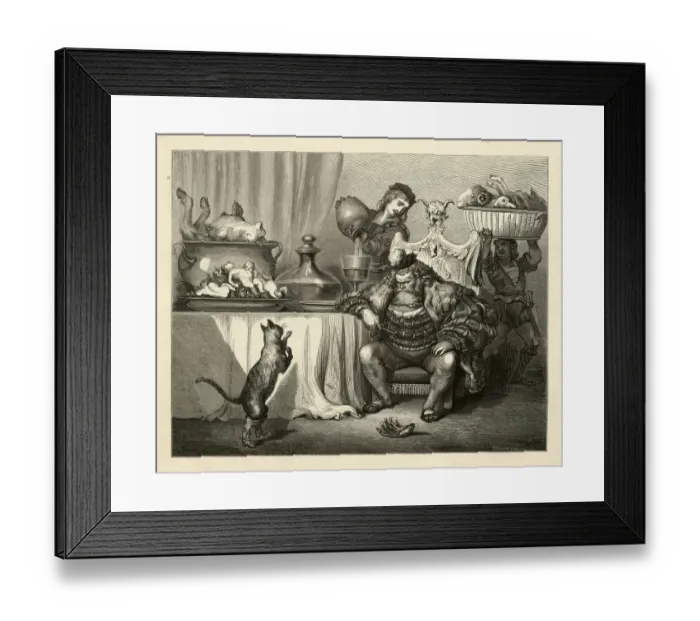 Framed Print : Puss in Boots Puss meets the ogre, Fairy Tales Framed Print : Puss in Boots Puss meets the ogre, Fairy Tales