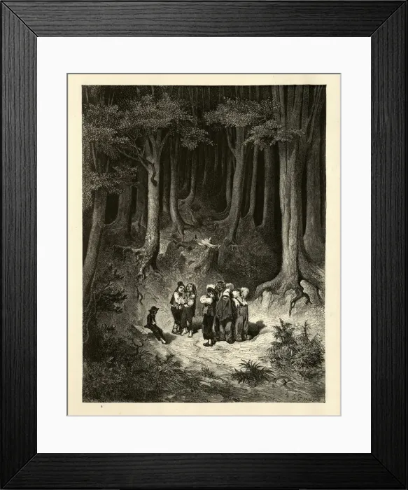 Framed Print : Little Thumb, seven small boys, alone in the dark forest Framed Print : Little Thumb, seven small boys, alone in the dark forest