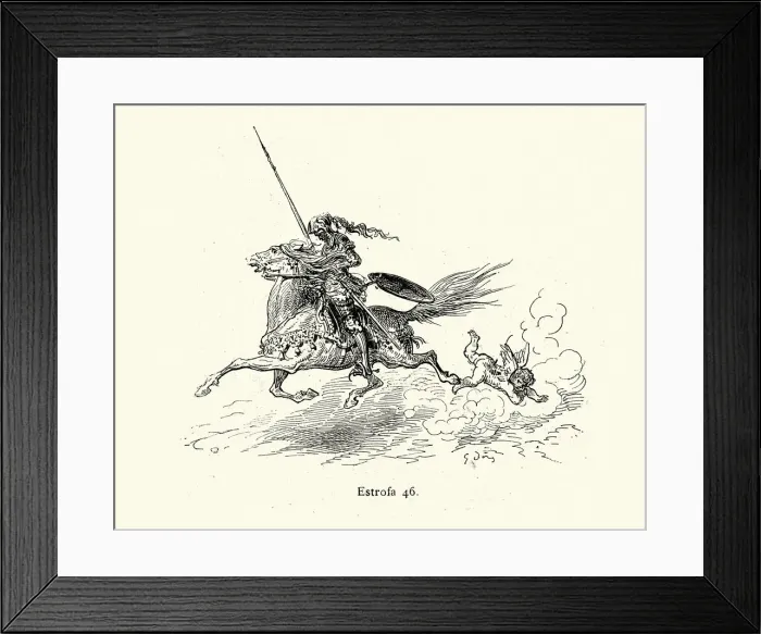 Framed Print : Charging knight knocking over cupid, Chivalric romance Framed Print : Charging knight knocking over cupid, Chivalric romance