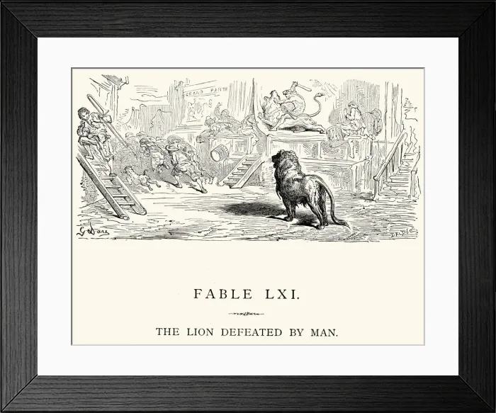 Framed Print : La Fontaines Fables - The Lion defeated by Man Framed Print : La Fontaines Fables - The Lion defeated by Man