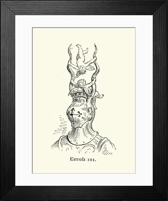 Framed Print : Medieval knights helmet with horns and cherubs