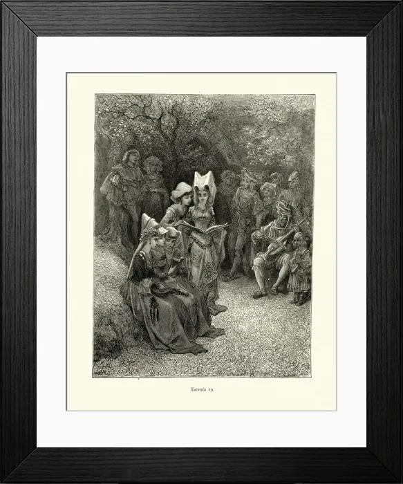 Framed Print : Medieval ladies reading while a minstrel plays music. Orlando Furioso Framed Print : Medieval ladies reading while a minstrel plays music. Orlando Furioso