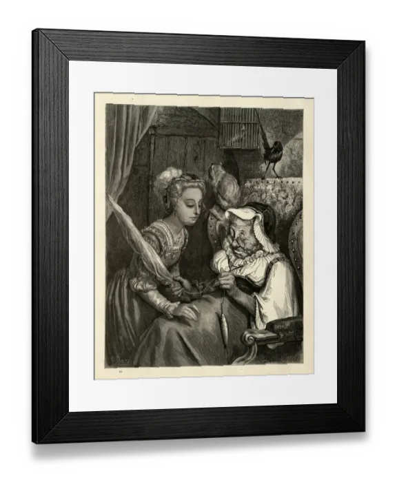Framed Print : Princess finds an old woman spinning, Perraults Fairy Tales Framed Print : Princess finds an old woman spinning, Perraults Fairy Tales