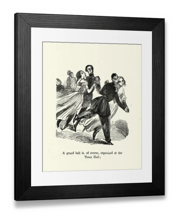 Framed Print : Caricature of couple dancing at a grand ball, Victorian cartoon, Gustave Dore