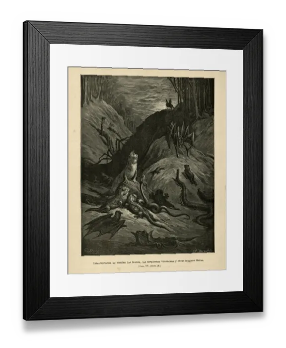Framed Print : Poisonous snakes and beasts block the heroes way, Orlando Furioso Framed Print : Poisonous snakes and beasts block the heroes way, Orlando Furioso