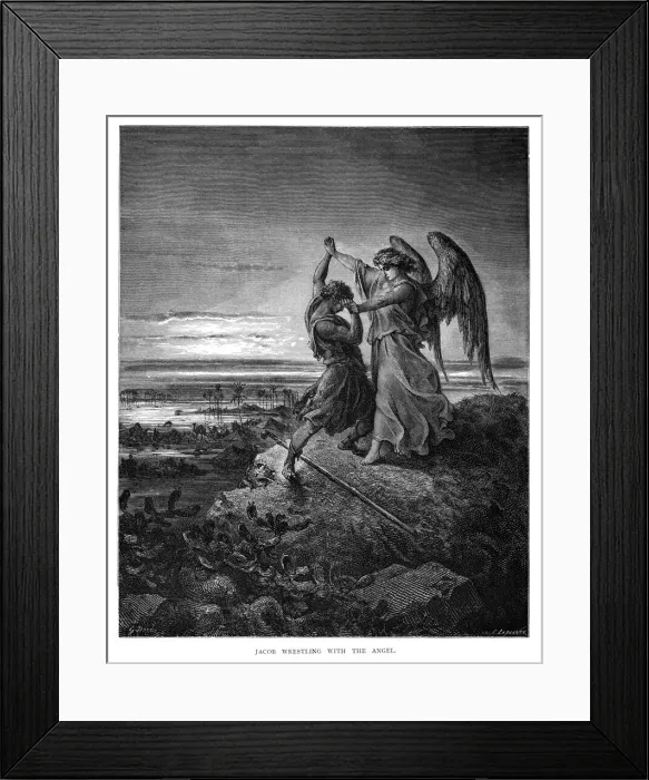 Framed Print : Jacob wrestling with the angel engraving 1870 Framed Print : Jacob wrestling with the angel engraving 1870