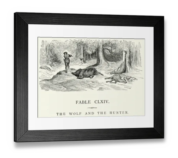 Framed Print : La Fontaines Fables - Wolf and the Hunter Framed Print : La Fontaines Fables - Wolf and the Hunter