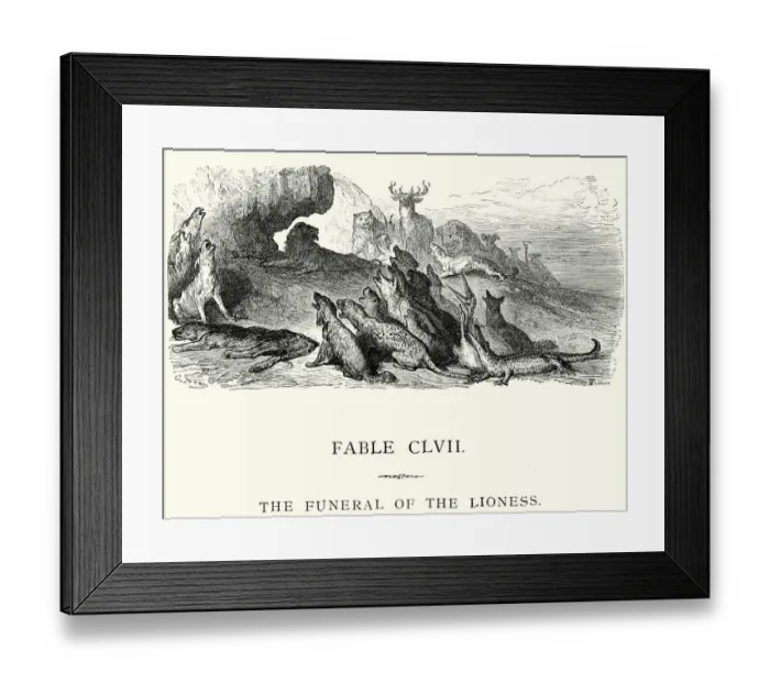 Framed Print : La Fontaines Fables - Funeral of the Lioness Framed Print : La Fontaines Fables - Funeral of the Lioness