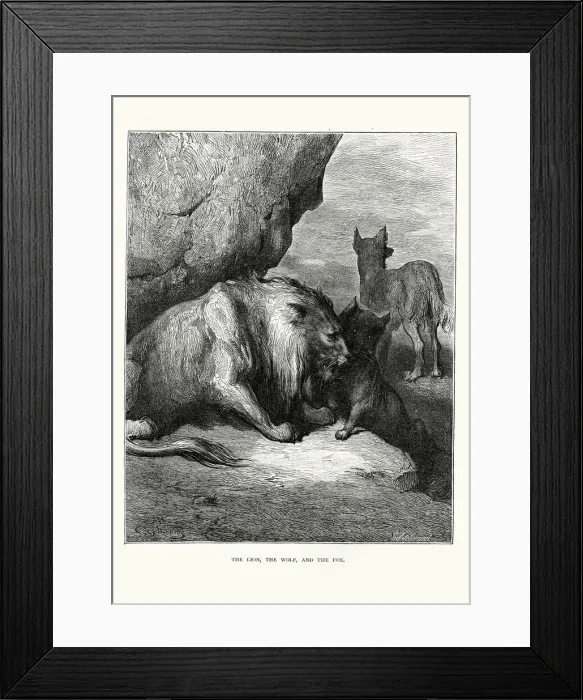 Framed Print : La Fontaines Fables - Lion Wolf and the Fox Framed Print : La Fontaines Fables - Lion Wolf and the Fox