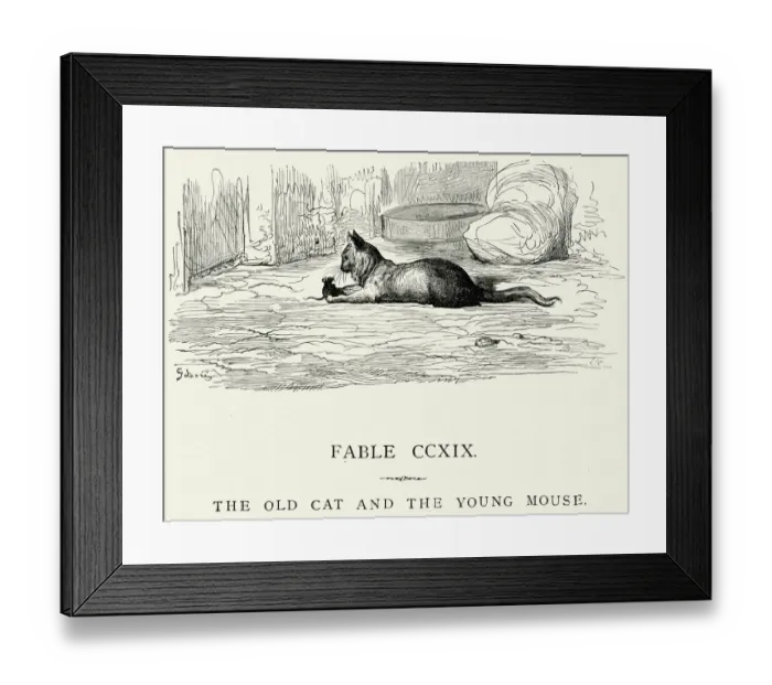 Framed Print : La Fontaines Fables - Old Cat and the Young Mouse Framed Print : La Fontaines Fables - Old Cat and the Young Mouse