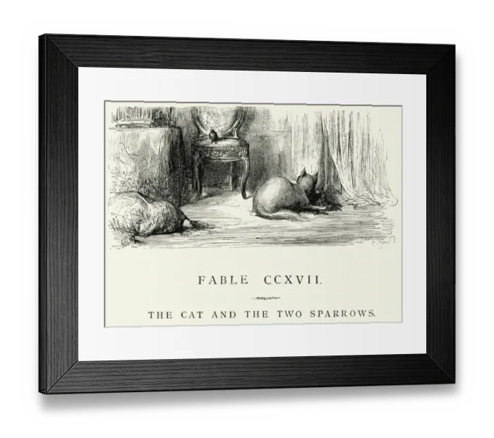 Framed Print : La Fontaines Fables - Cat and the Two Sparrows Framed Print : La Fontaines Fables - Cat and the Two Sparrows