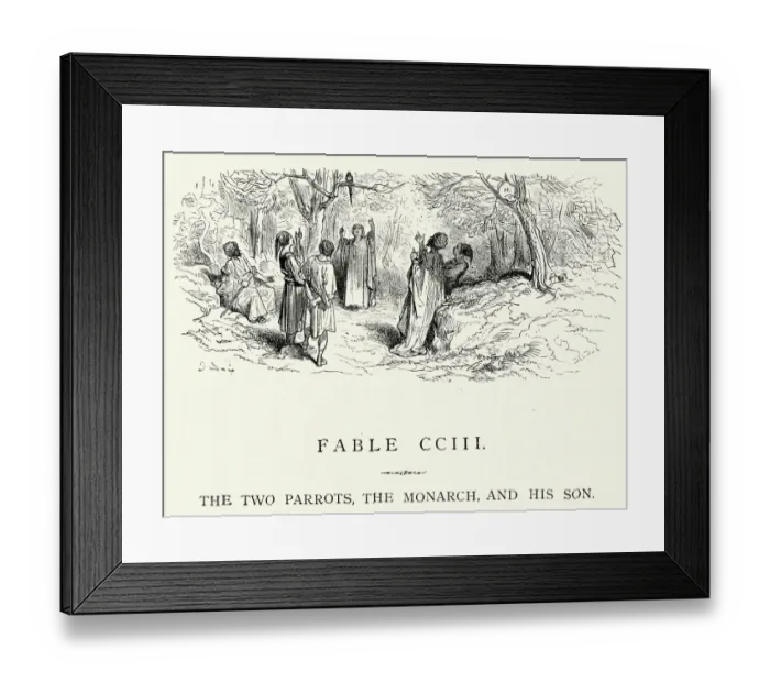 Framed Print : La Fontaines Fables - Two Parrots Monarch and his Son Framed Print : La Fontaines Fables - Two Parrots Monarch and his Son
