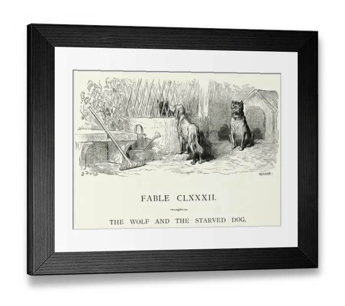 Framed Print : La Fontaines Fables - Wolf and the Starved Dog