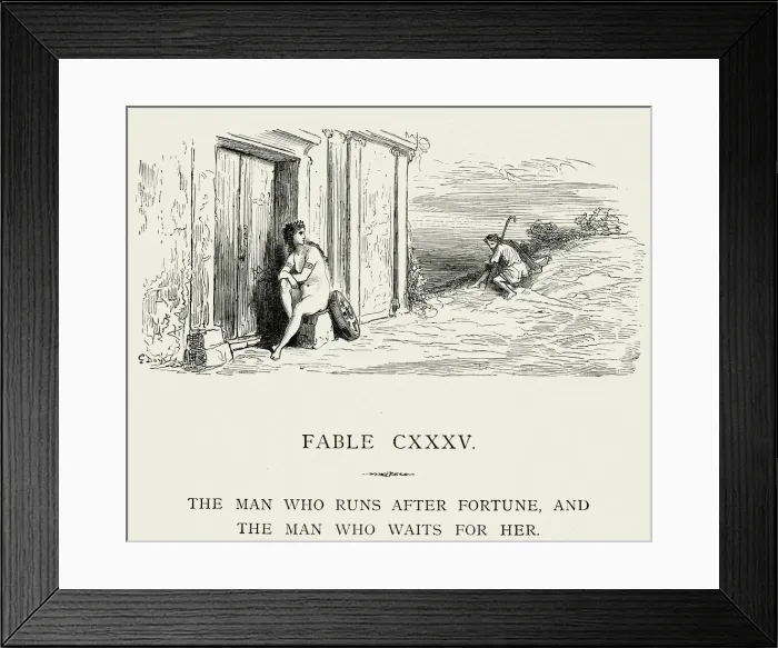 Framed Print : La Fontaines Fables - The man who runs after fortune Framed Print : La Fontaines Fables - The man who runs after fortune