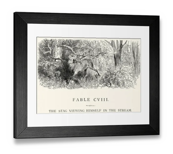 Framed Print : La Fontaines Fables - Stag viewing himself in the Stream Framed Print : La Fontaines Fables - Stag viewing himself in the Stream