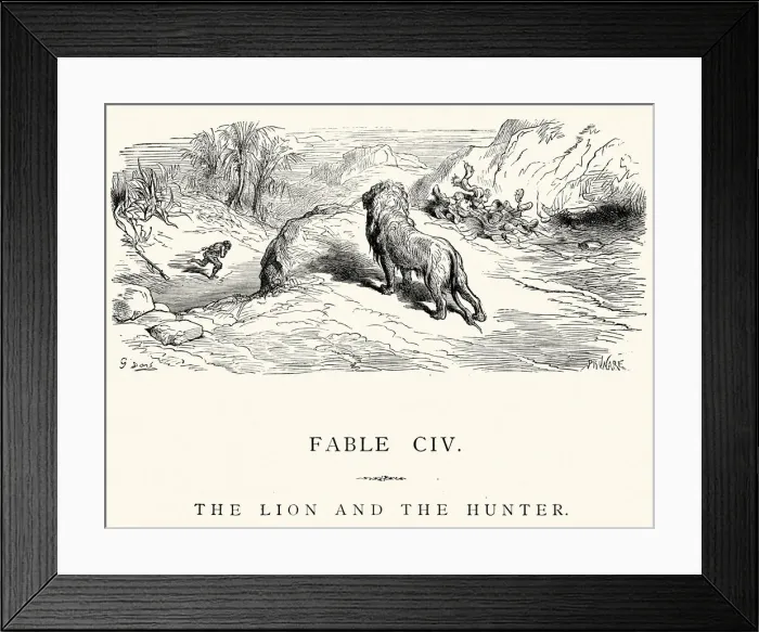 Framed Print : La Fontaines Fables - Lion and the Hunter Framed Print : La Fontaines Fables - Lion and the Hunter