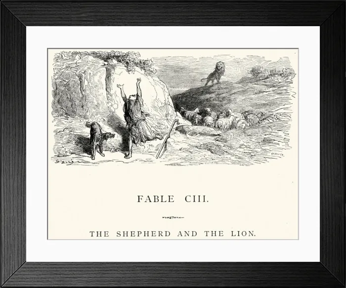 Framed Print : La Fontaines Fables - Shepherd and the Lion Framed Print : La Fontaines Fables - Shepherd and the Lion