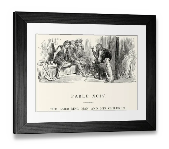 Framed Print : La Fontaines Fables - Labouring man and his children Framed Print : La Fontaines Fables - Labouring man and his children