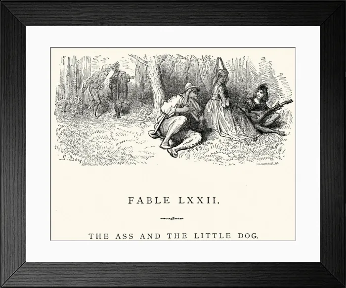 Framed Print : La Fontaines Fables - Ass and the Little Dog Framed Print : La Fontaines Fables - Ass and the Little Dog