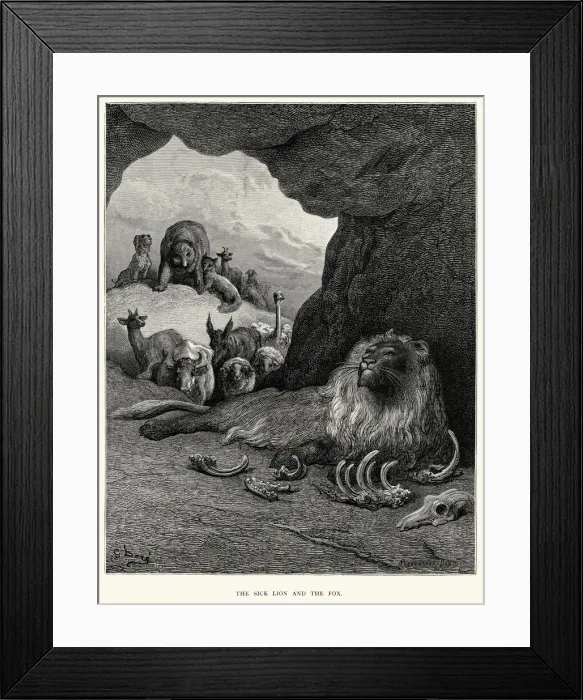 Framed Print : La Fontaines Fables - Sick Lion and the Fox Framed Print : La Fontaines Fables - Sick Lion and the Fox