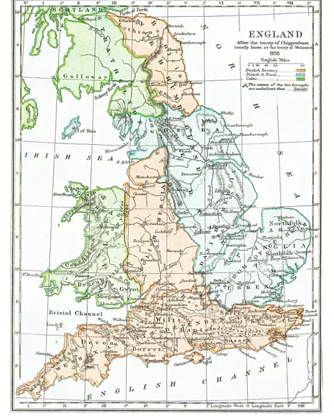 Old map of England after treaty of Chippenham in 878