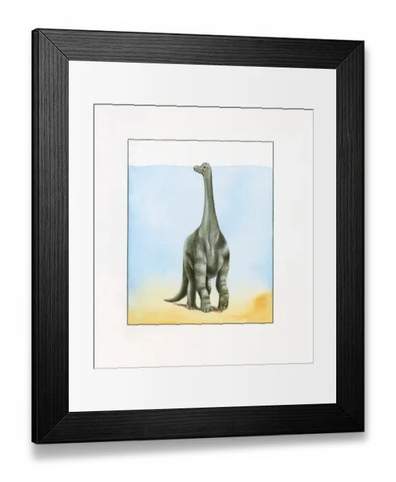 Framed Print : Illustration of large Barosaurus dinosaur walking underwater with top of head peeking above surface on long neck