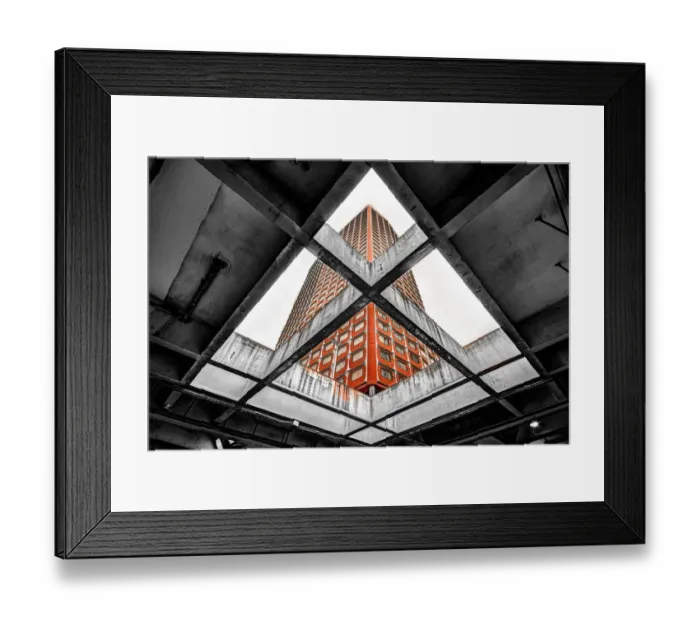 Framed Print : A red building seen through a concrete slab Framed Print : A red building seen through a concrete slab