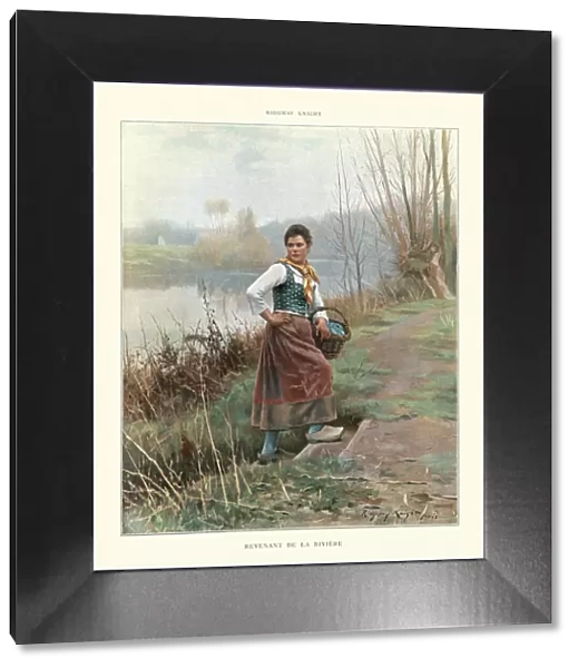 Young French peasant woman, returning from the river, 19th Century