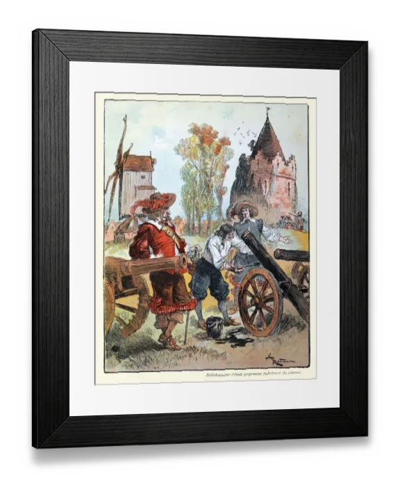 Framed Print : French soldiers 17th Century style creating fake cannons to deceive the enemy, deception in warfare, History Framed Print : French soldiers 17th Century style creating fake cannons to deceive the enemy, deception in warfare, History