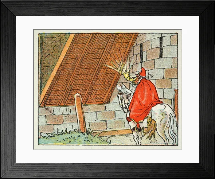 Framed Print : Vintage illustration, Cartoon of man blowing a horn at a castle drawbridge Framed Print : Vintage illustration, Cartoon of man blowing a horn at a castle drawbridge