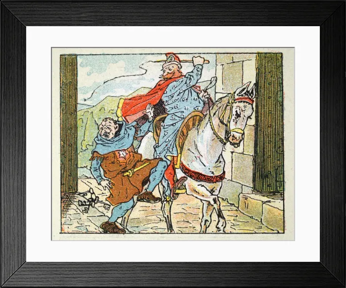 Framed Print : Vintage illustration, Cartoon of Wizard, man hitting the gatekeeper of a castle Framed Print : Vintage illustration, Cartoon of Wizard, man hitting the gatekeeper of a castle