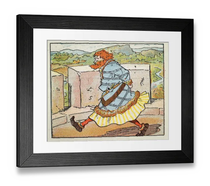 Framed Print : Vintage illustration, Cartoon of Worried medieval noble pacing up and down on top of a castle tower