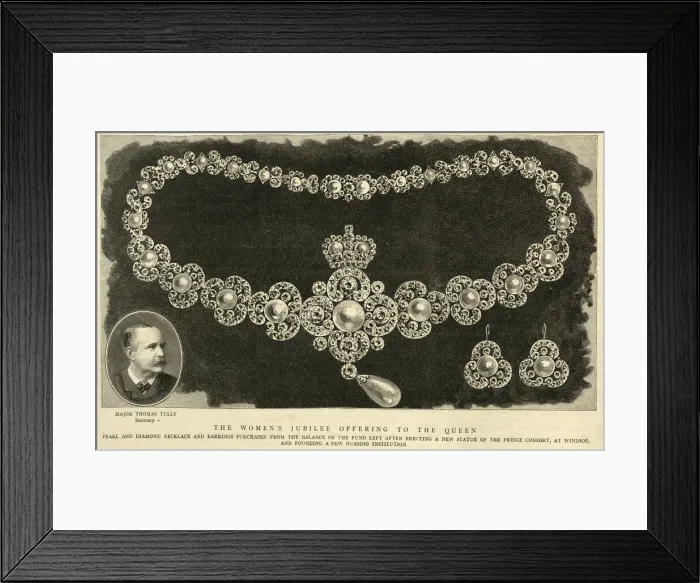 Framed Print : Pearl and diamond nacklace and earrings Jubilee gift for Queen Victoria, 19th Century Framed Print : Pearl and diamond nacklace and earrings Jubilee gift for Queen Victoria, 19th Century