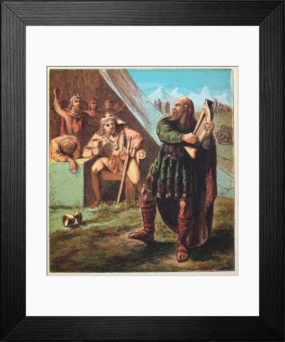 Framed Print : Legend of King Alfred the Great disguised a a harper spying on Danish camp Framed Print : Legend of King Alfred the Great disguised a a harper spying on Danish camp